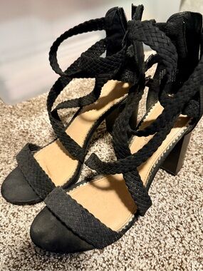 LC Lauren Conrad Black Braided Lace-Up Block Heel Sandals